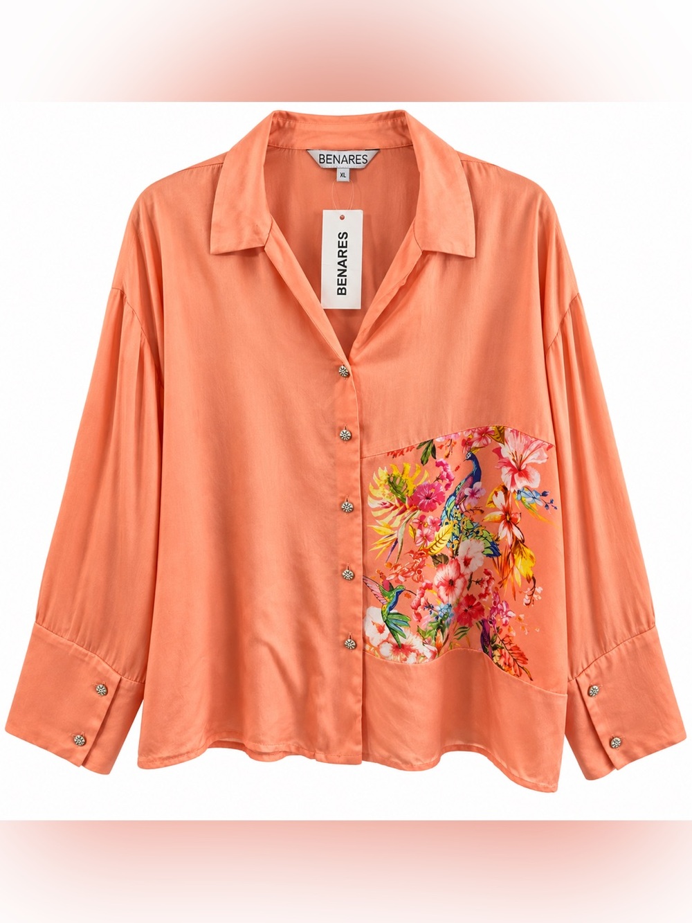 Benares Modal Satin Peacock Floral Button Down Blouse Coral XL NWT